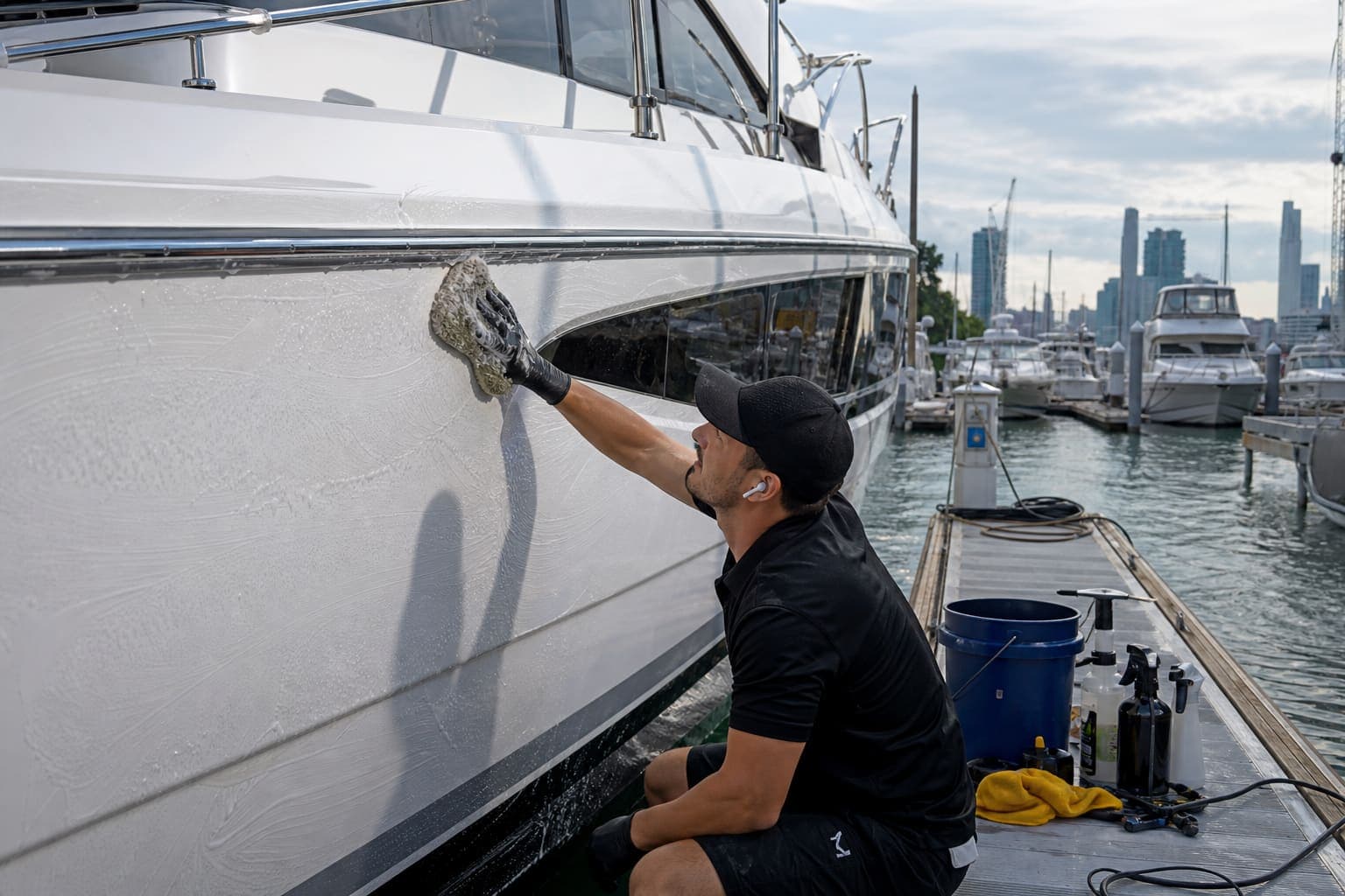 Boat detailing and wash service at a Chicago marina slip