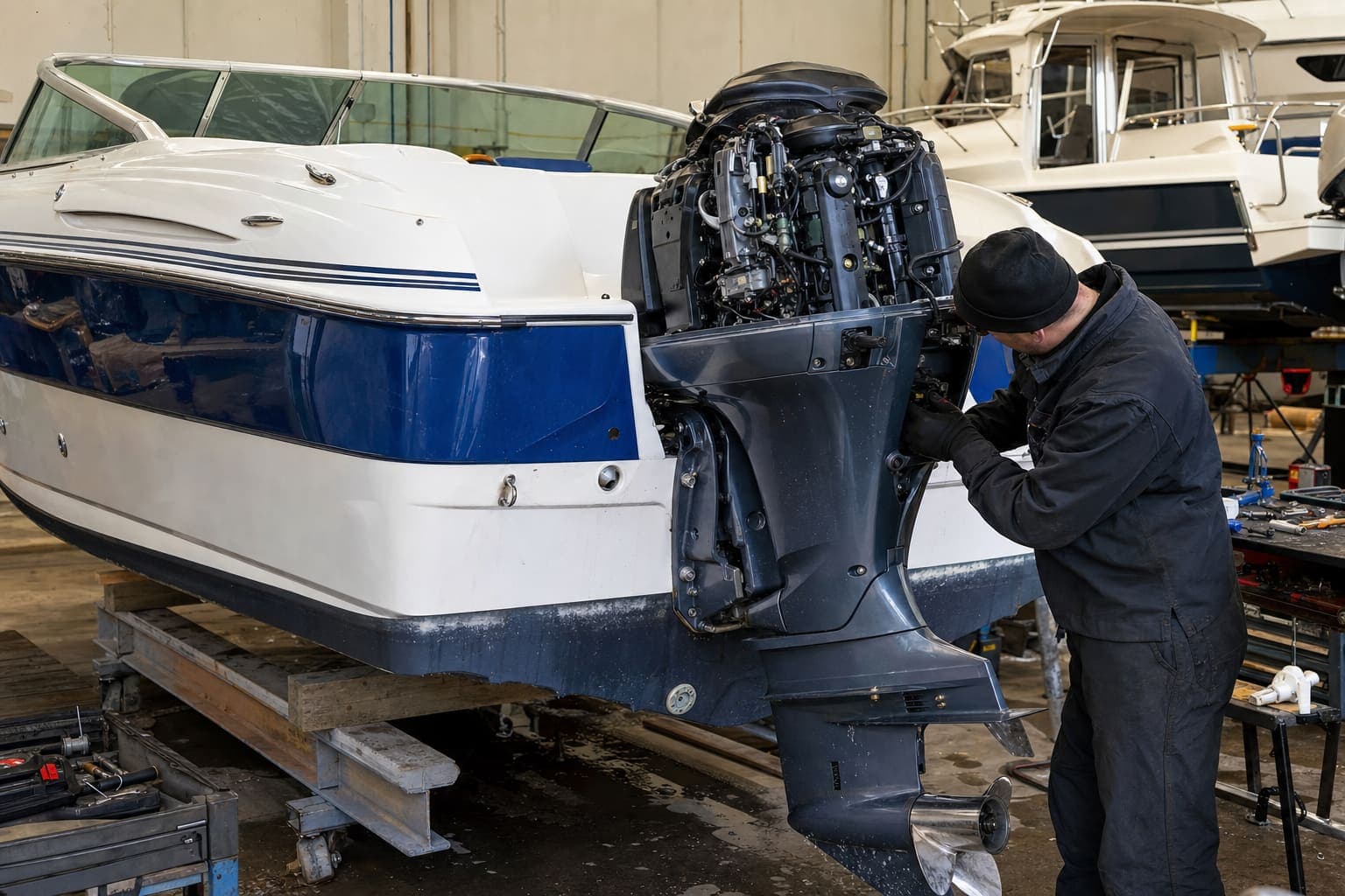 Marine mechanic repairing an outboard engine at a Chicago boat yard