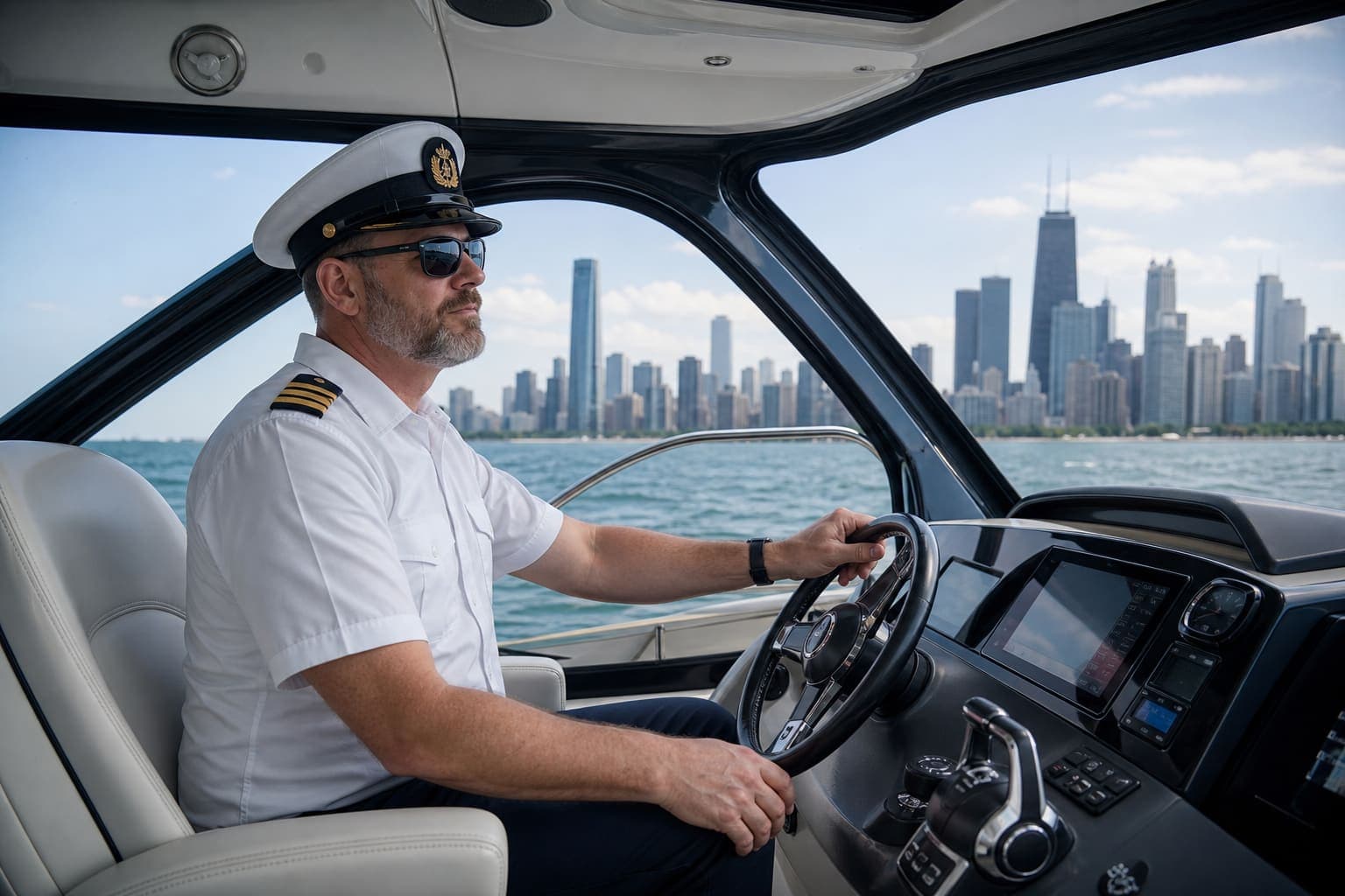 Licensed captain at the helm of a yacht on Lake Michigan near Chicago