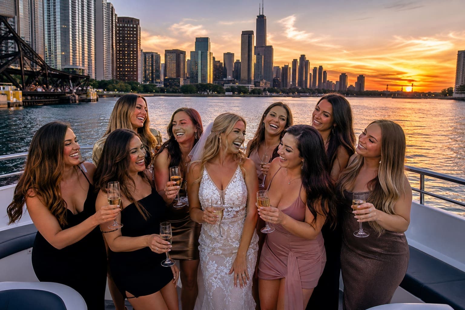 Bachelorette celebration on a Chicago boat at sunset