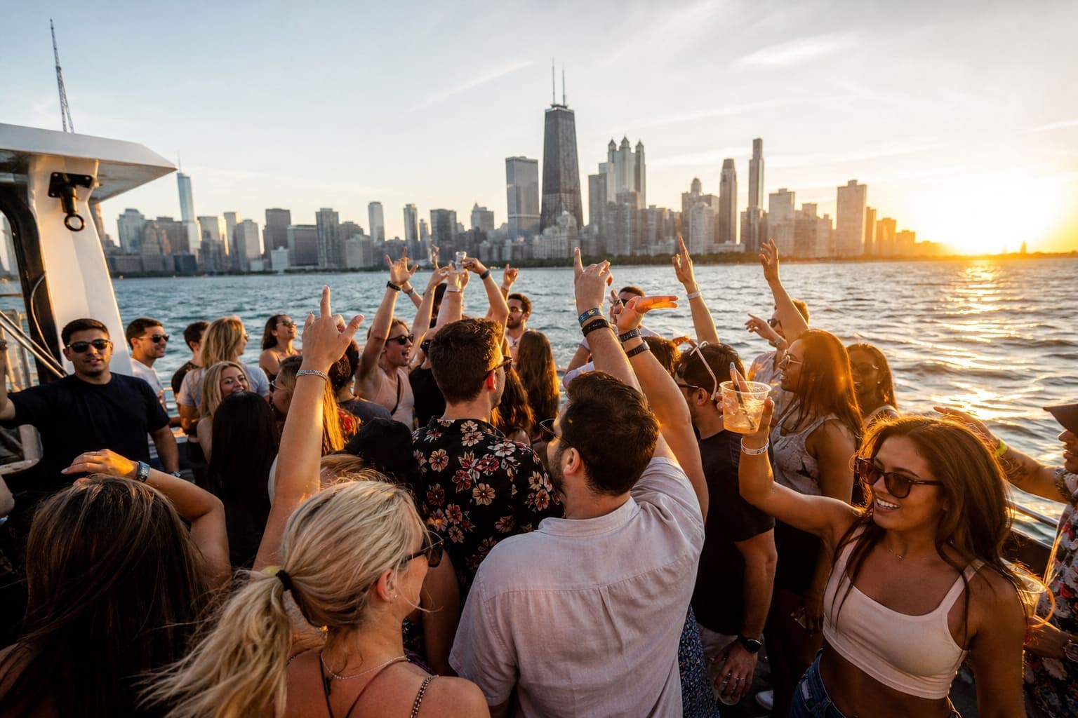 Party boat celebration on Lake Michigan at golden hour