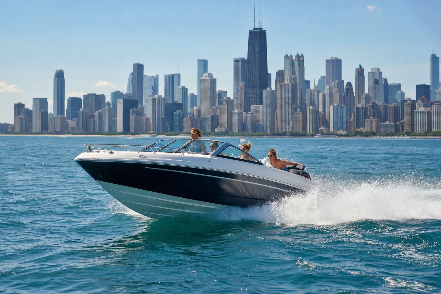 Speedboat racing across Lake Michigan with the Chicago skyline