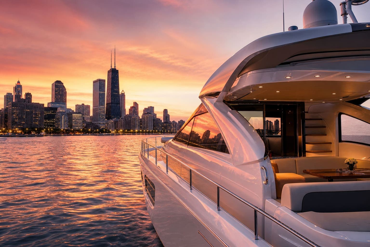 Luxury yacht on Lake Michigan at sunset with the Chicago skyline