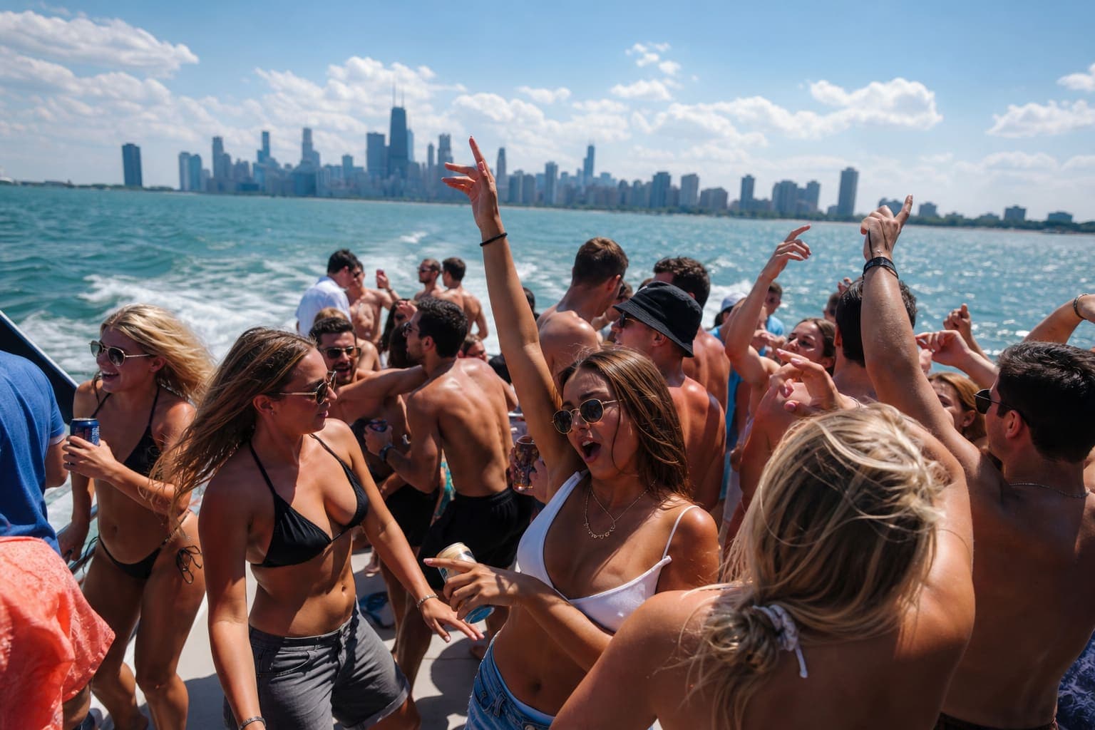 Crowded summer party boat on Lake Michigan with Chicago skyline in the distance