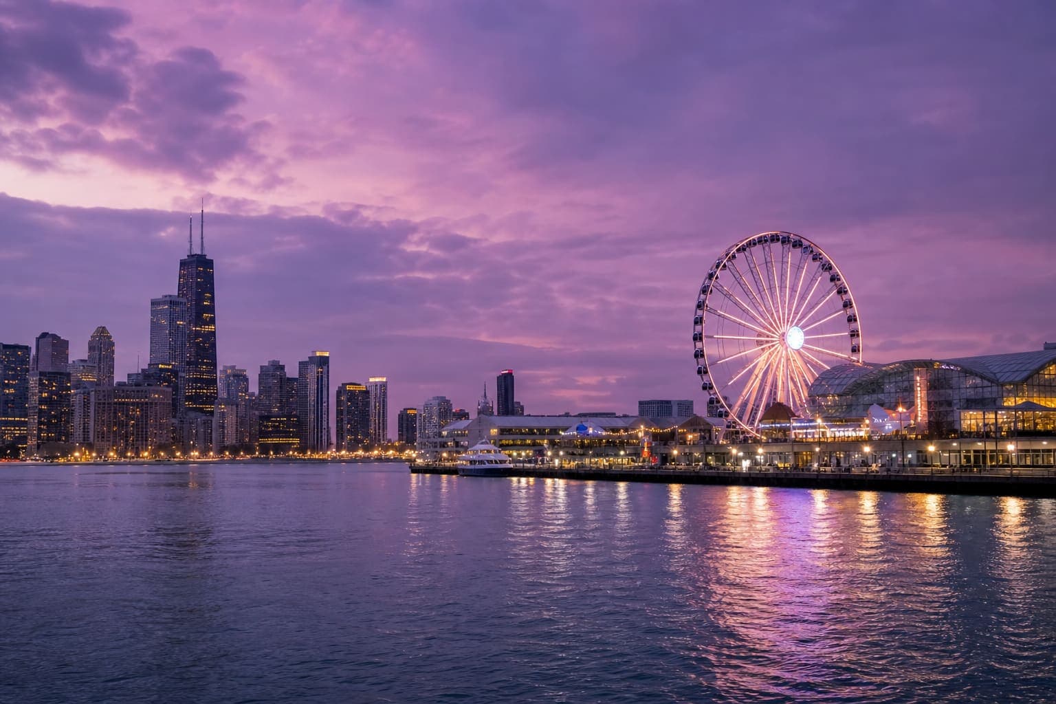Navy Pier Ferris wheel glowing at twilight over Lake Michigan