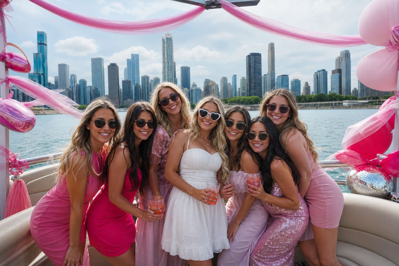 Bachelorette squad celebrating on a Chicago boat