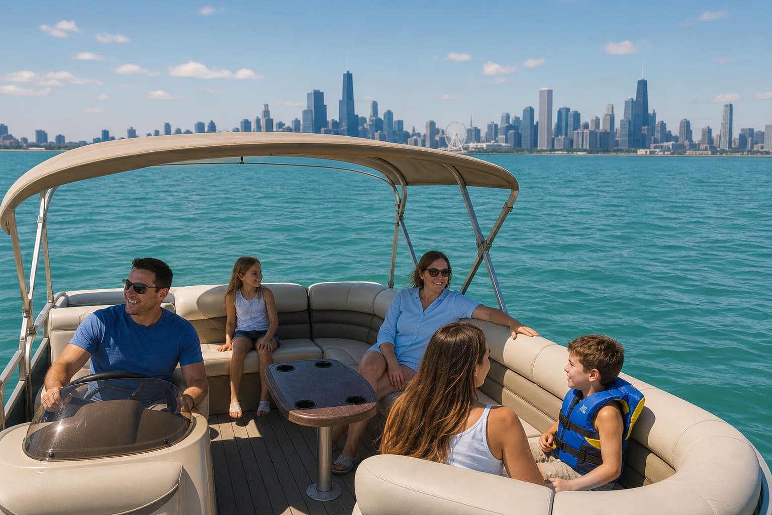Pontoon boat rental on Lake Michigan near the Chicago skyline