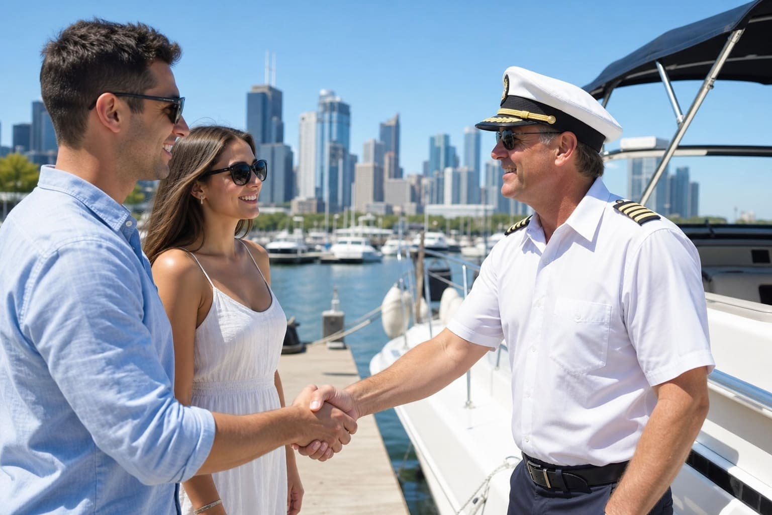 Boat captain meeting clients on a Chicago marina dock
