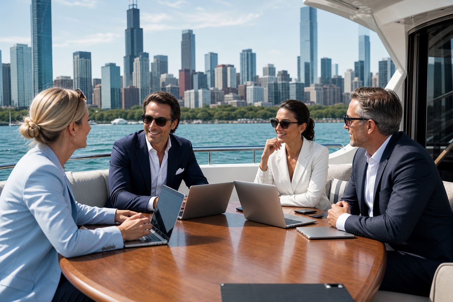 Business meeting on a Chicago yacht deck with skyline views