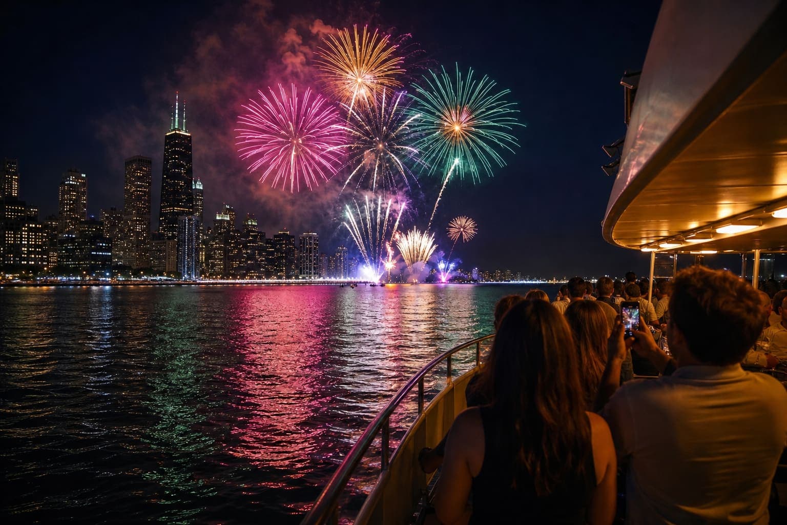 Passengers watching fireworks over Chicago from a boat
