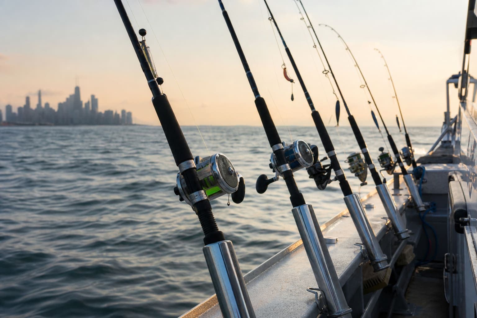 Fishing rods lined on a Lake Michigan charter boat