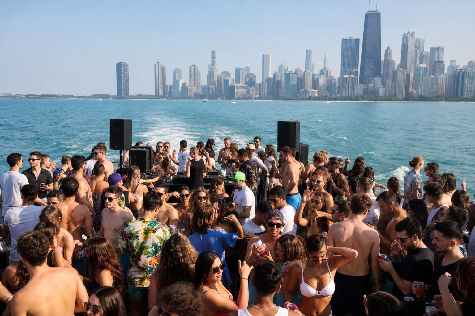 Large party boat packed with dancers on Lake Michigan