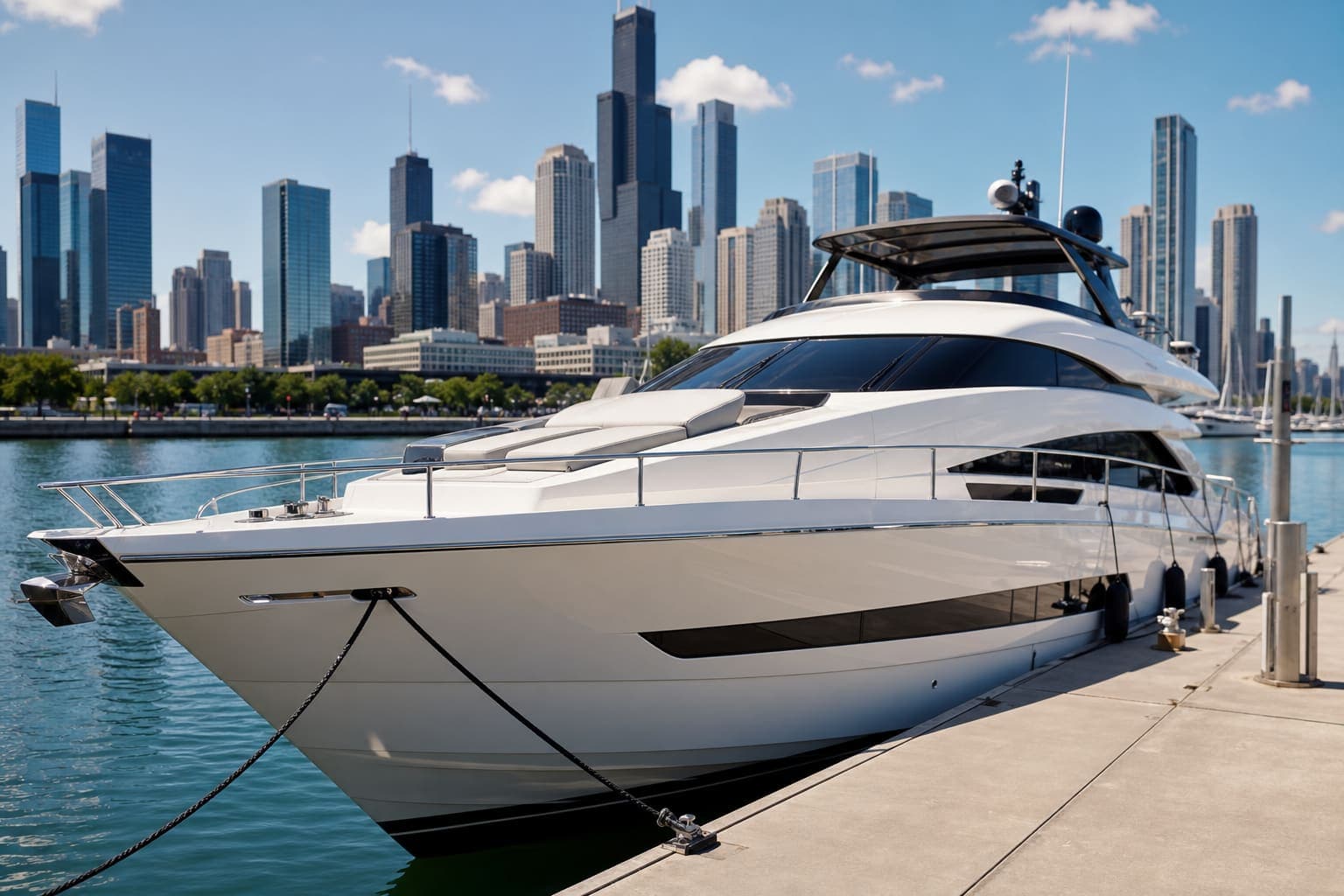Luxury yacht charter docking at a Chicago harbor