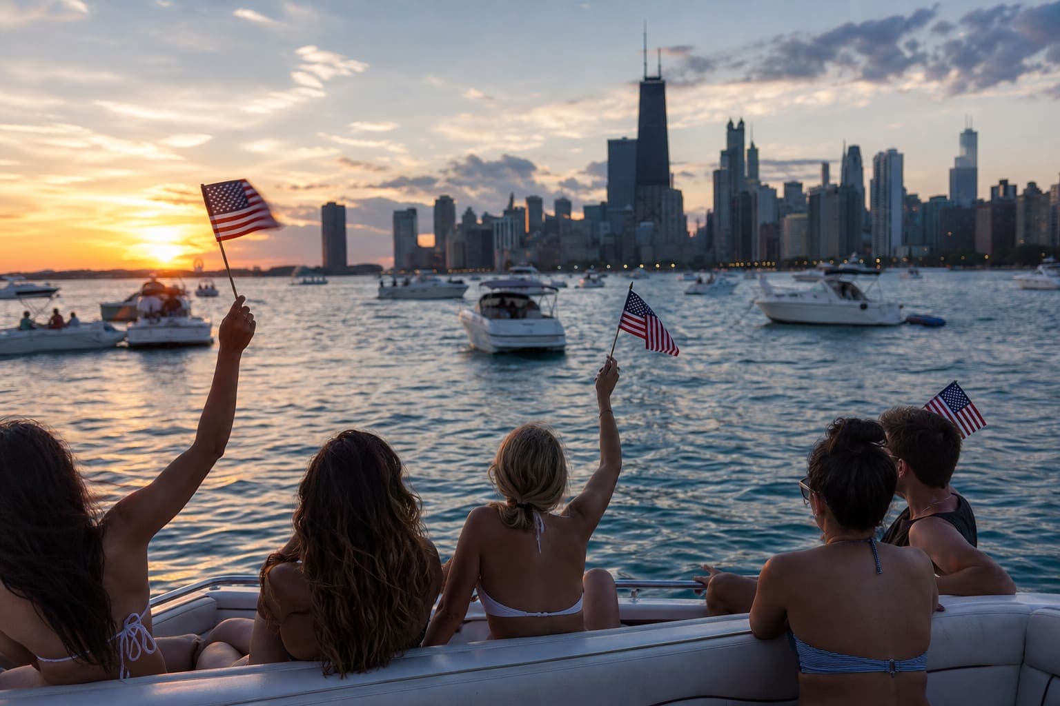 Fourth of July boat celebration on Lake Michigan at dusk