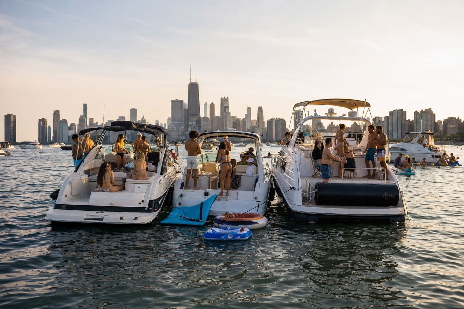 Labor Day weekend boats rafted together on Lake Michigan