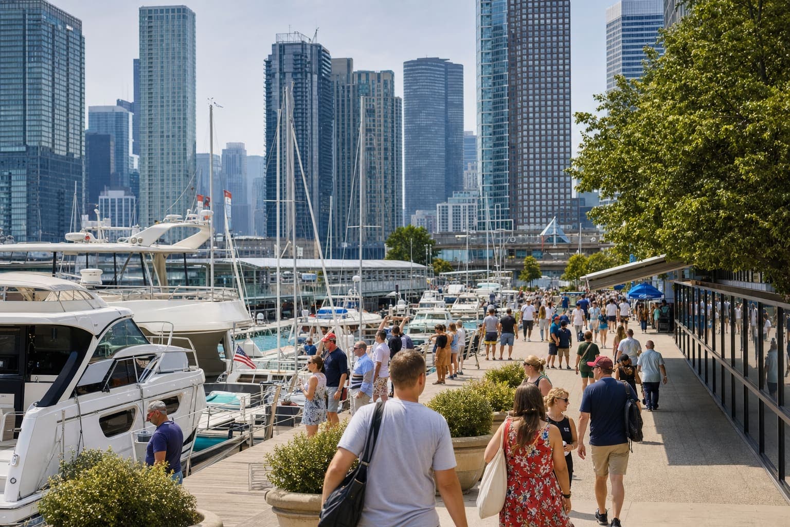 Busy Chicago marina boardwalk with docked boats