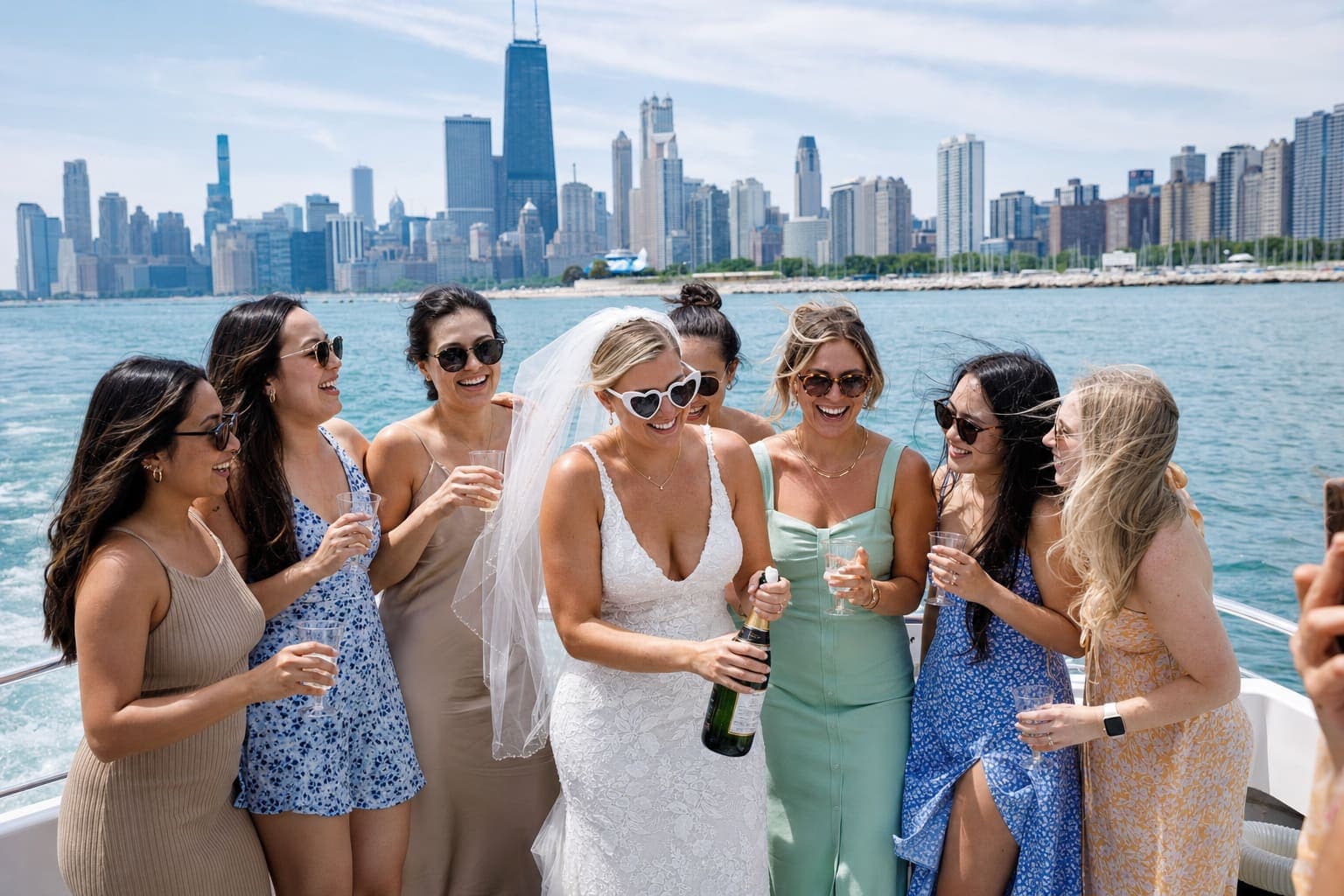 Bachelorette party celebrating on a boat with the Chicago skyline behind them