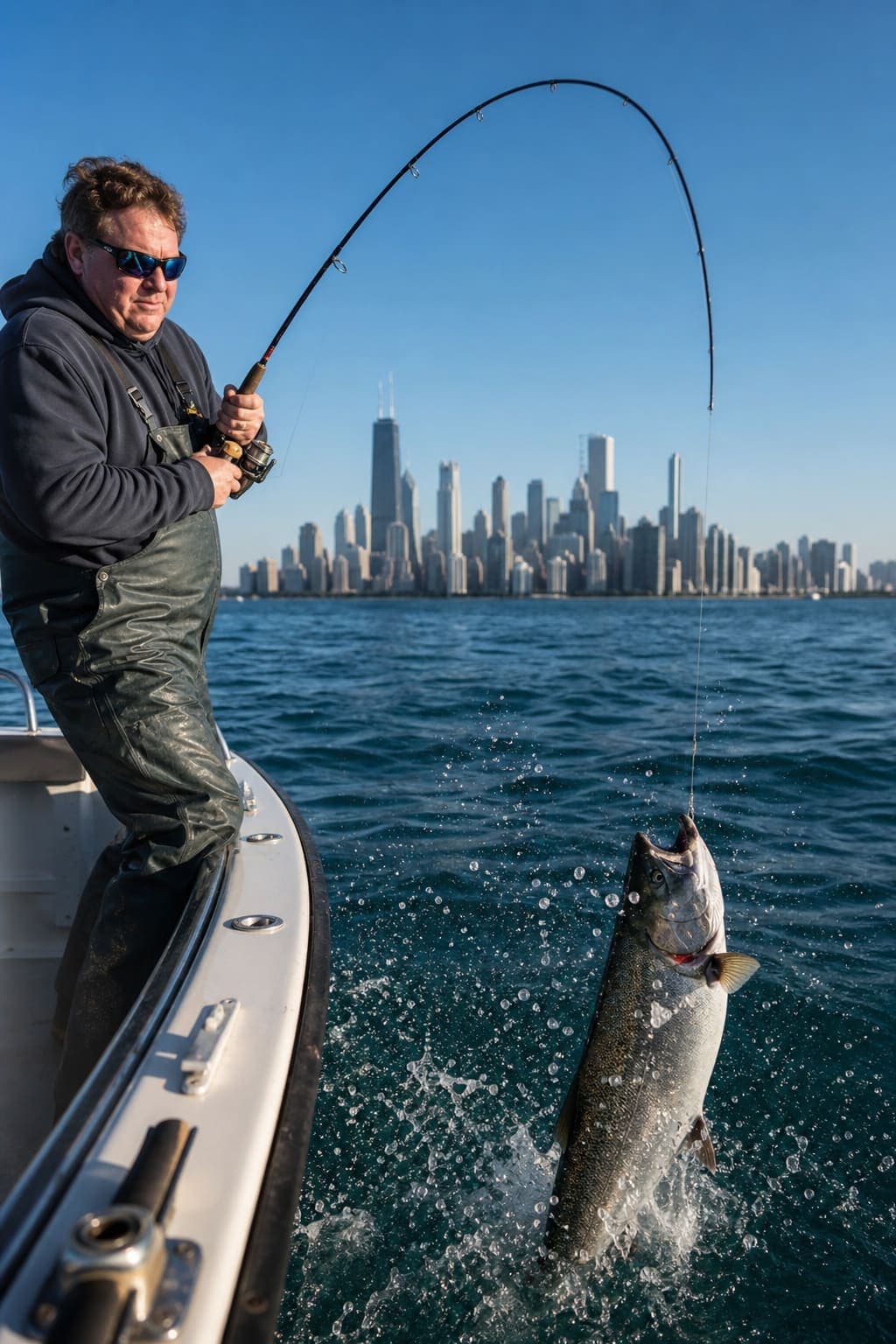 Angler reeling in a catch on a Lake Michigan fishing charter