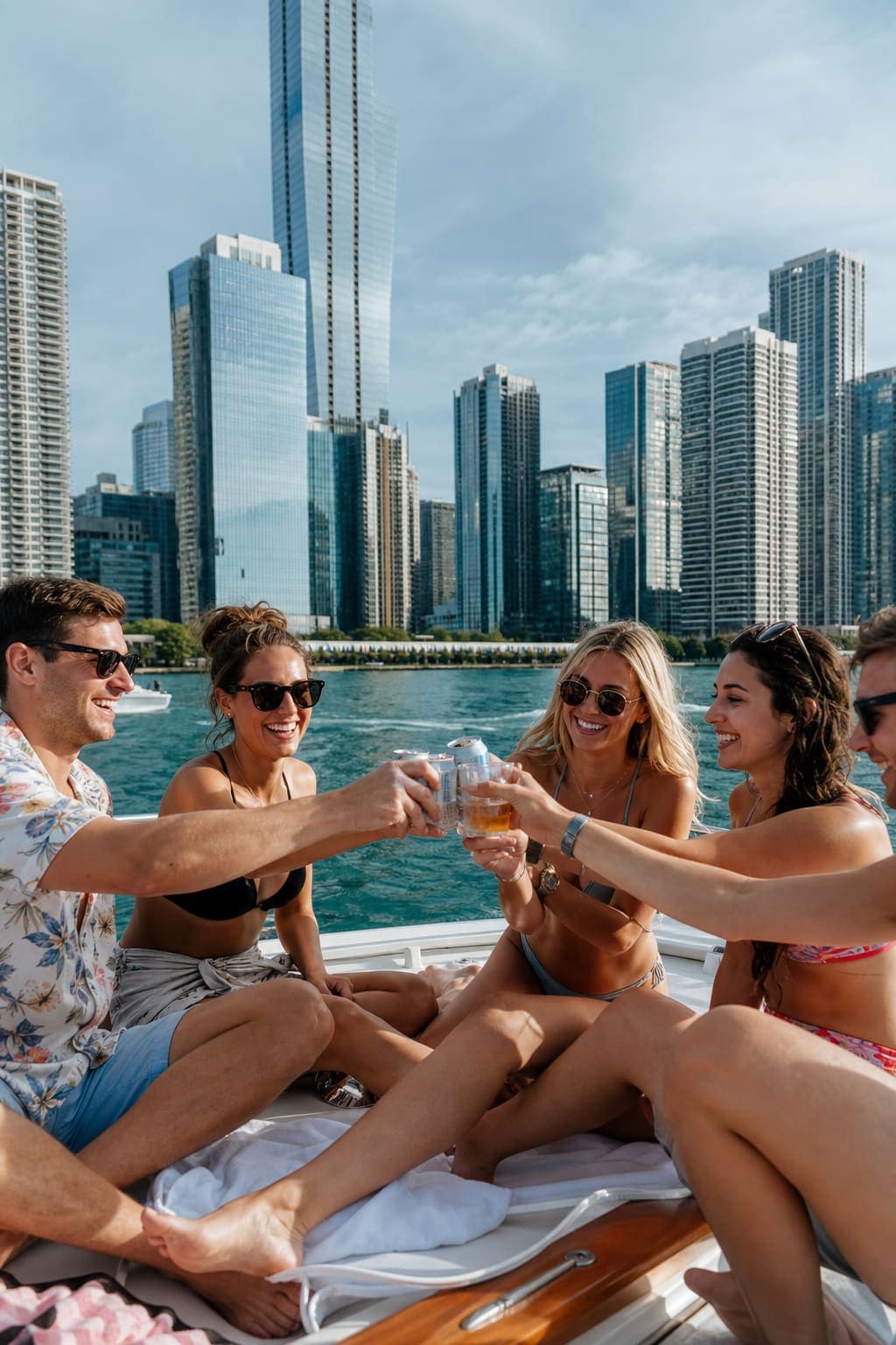 Friends toasting on a boat bow with Chicago high-rises behind them