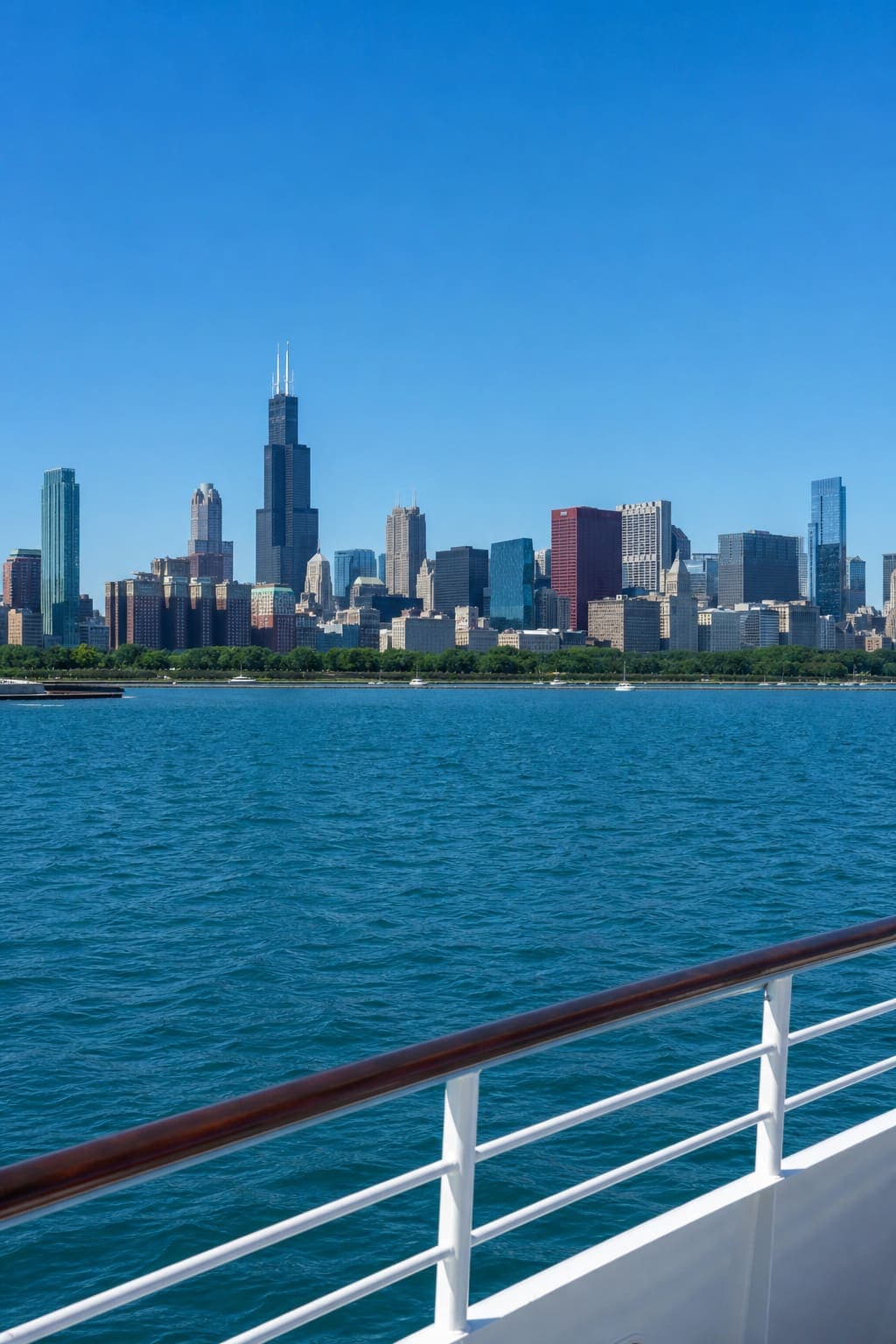 Chicago skyline from a boat deck railing on Lake Michigan