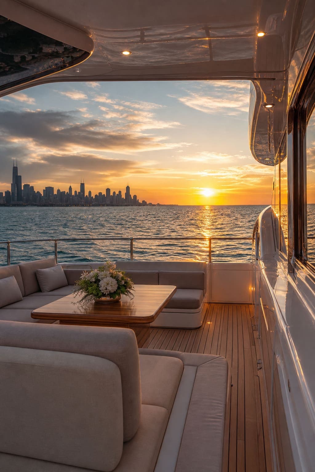 Luxury yacht lounge seating facing Lake Michigan at sunset