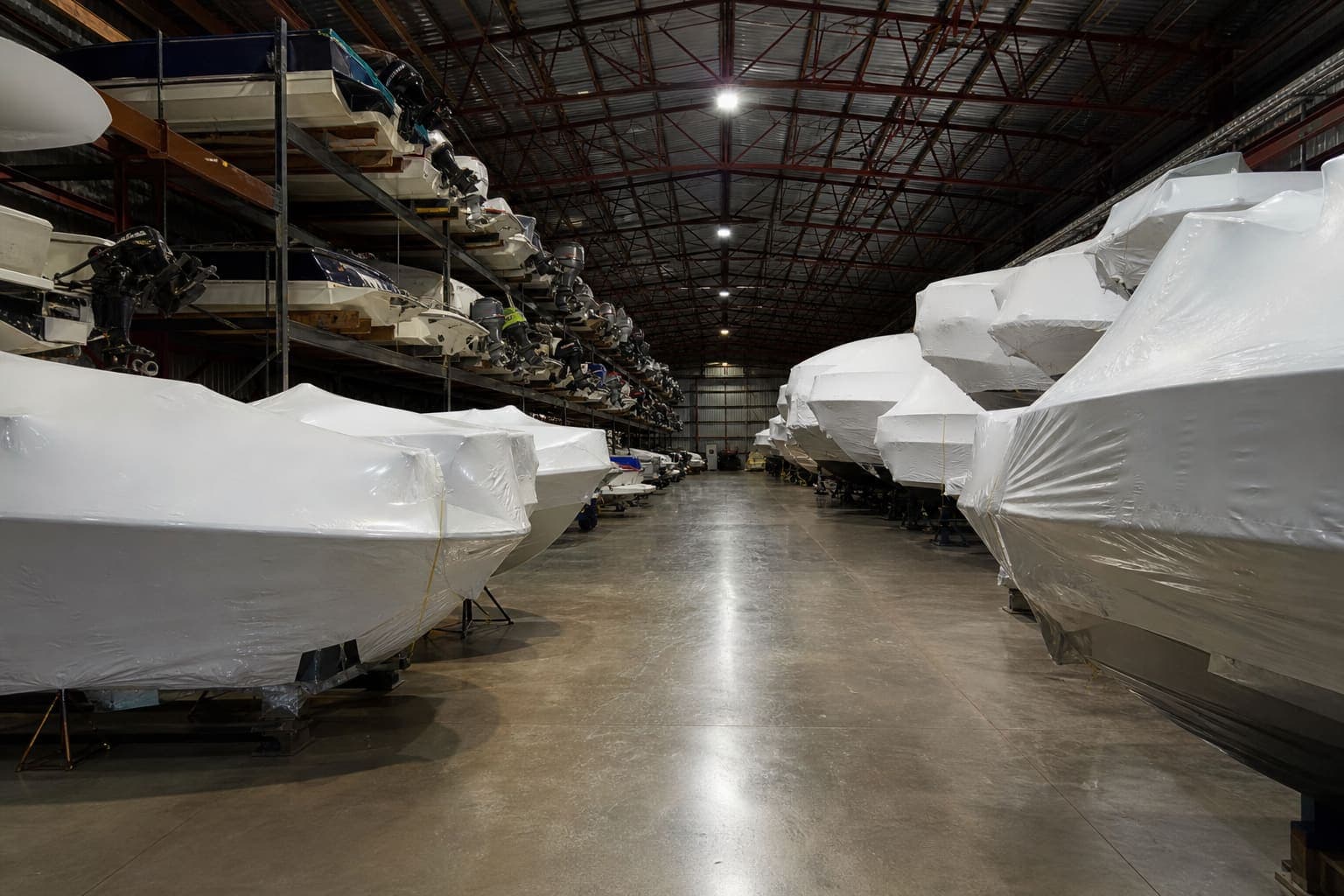 Boats in indoor winter storage racks at a Chicago marine facility
