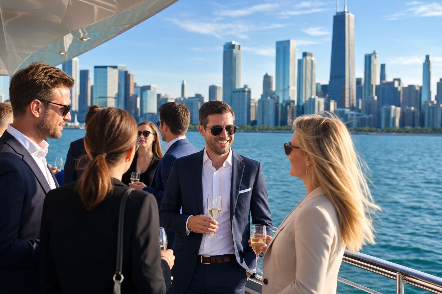 Corporate group networking on a luxury yacht with the Chicago skyline behind them