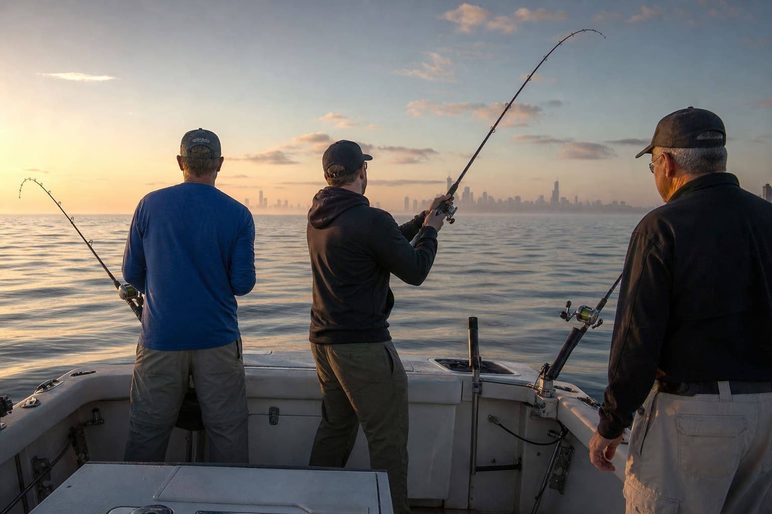 Early morning fishing charter on Lake Michigan near the Chicago skyline