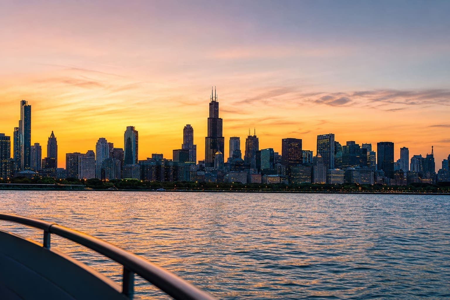 Chicago skyline at sunset viewed from a boat on Lake Michigan