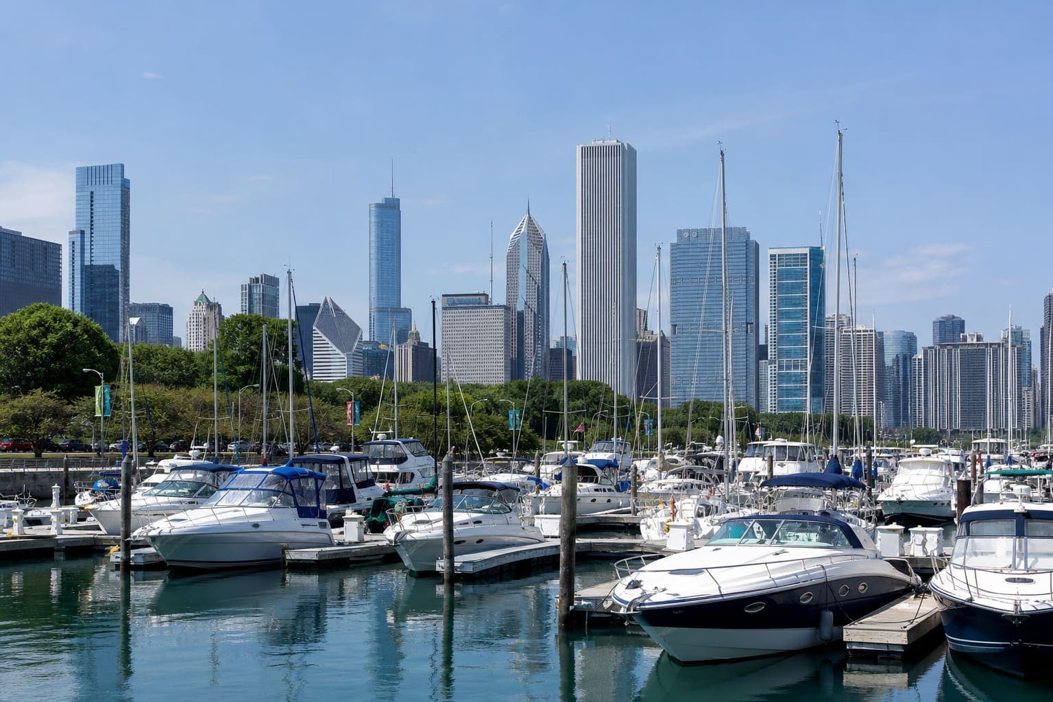 Boats docked in a Chicago marina harbor on Lake Michigan